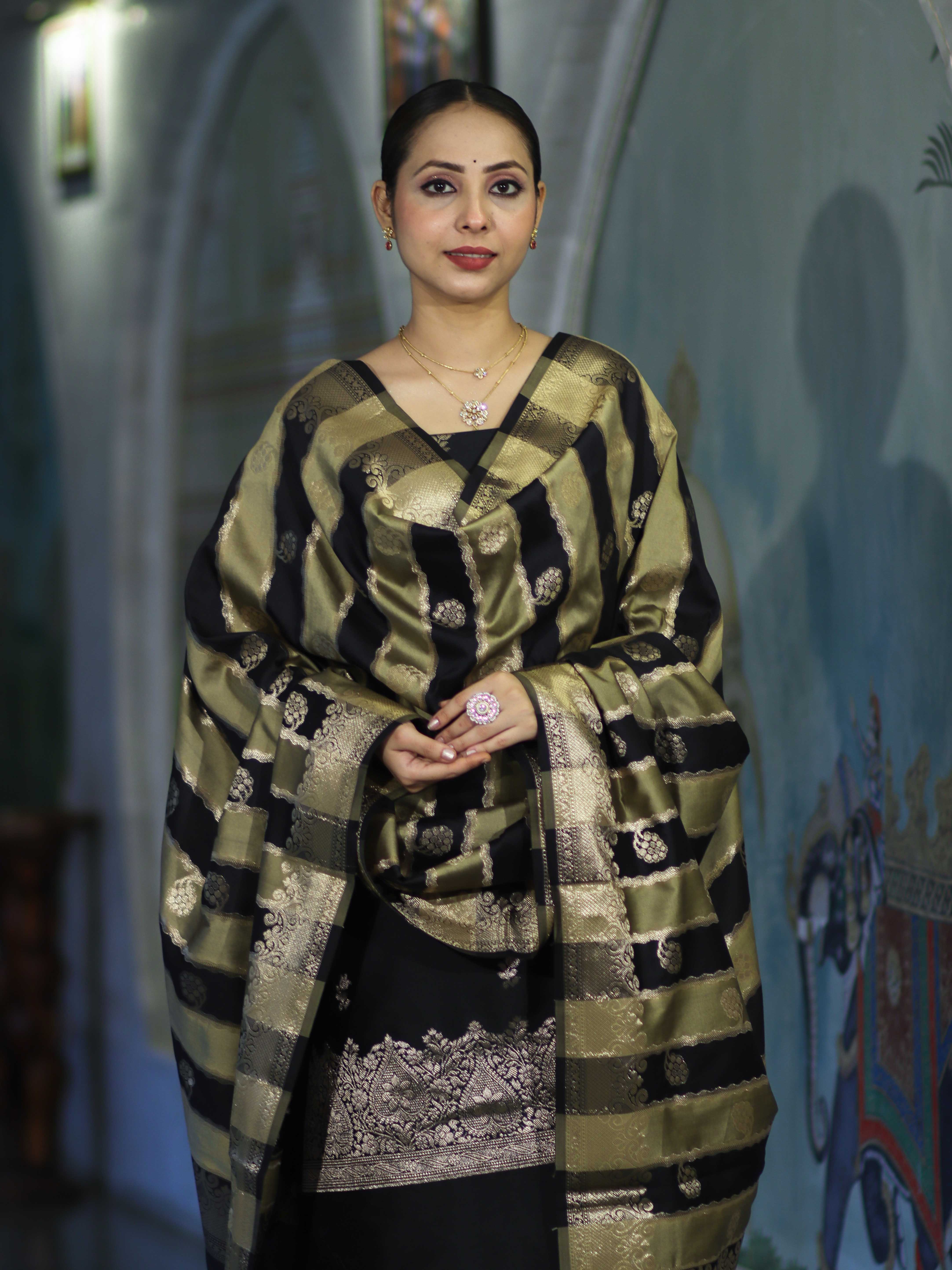Banarasee Semi Katan Zari Work Salwar Kameez Fabric With Dupatta Set-Black