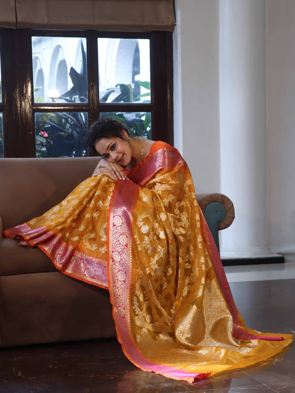 Banarasee Organza Mix Saree With Zari Jaal Design & Contrast Border-Yellow & Pink