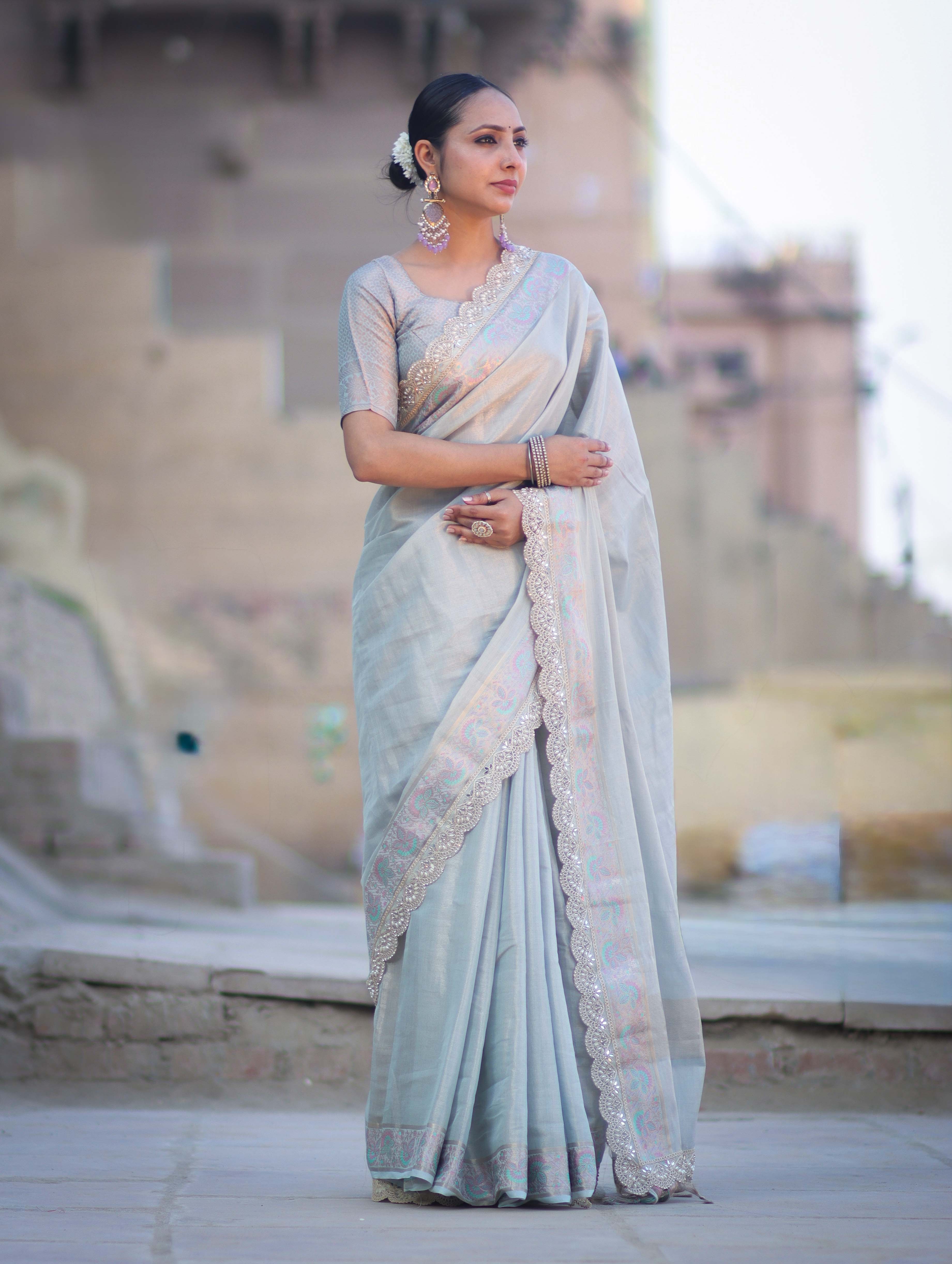 Banarasee Handloom Plain Soft Tissue Shine Saree With Resham Zari Border & Lace-Powder Blue