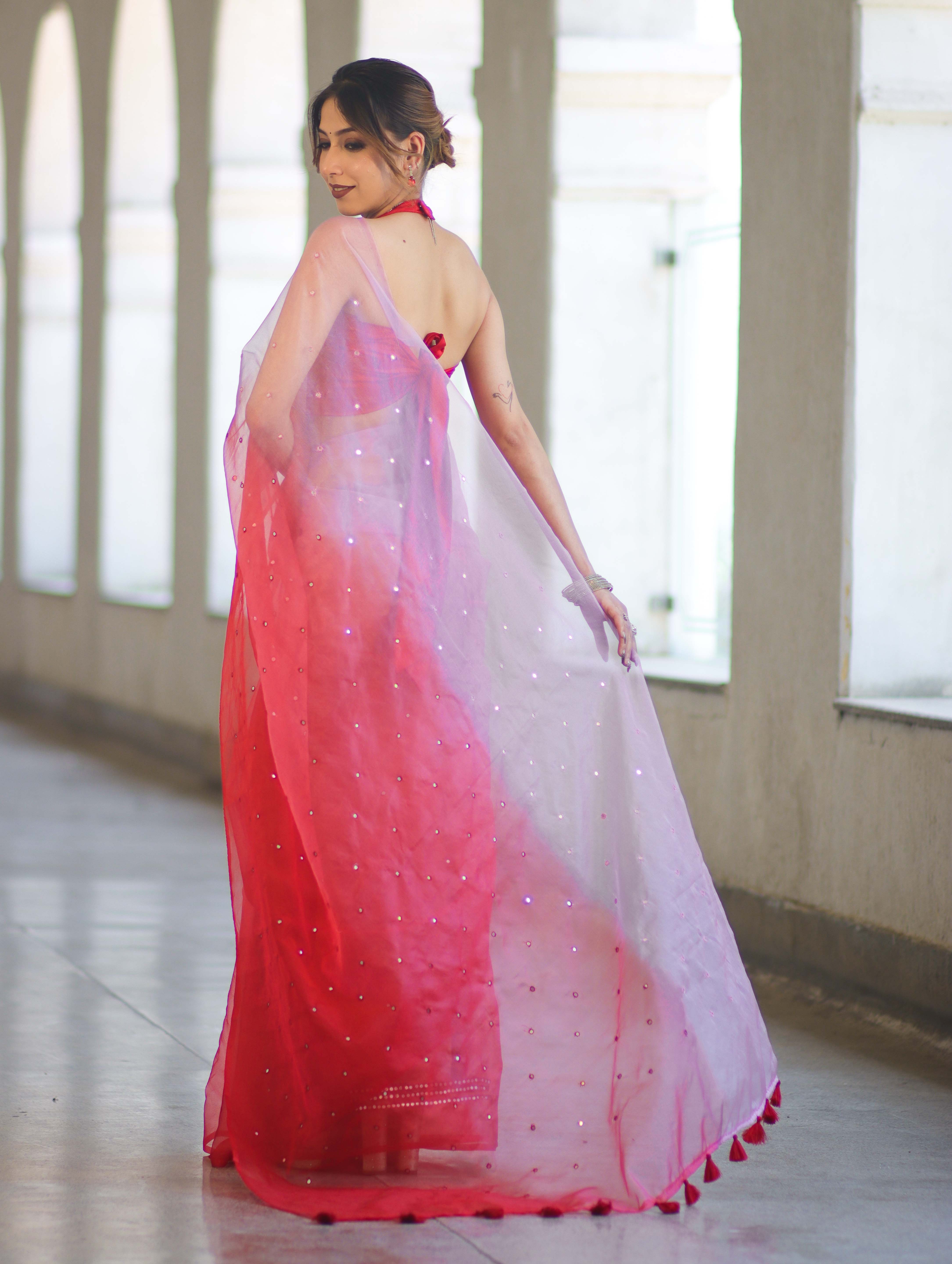Banarasee Handwoven Organza Mix Saree With Mirror Work-Multicolor