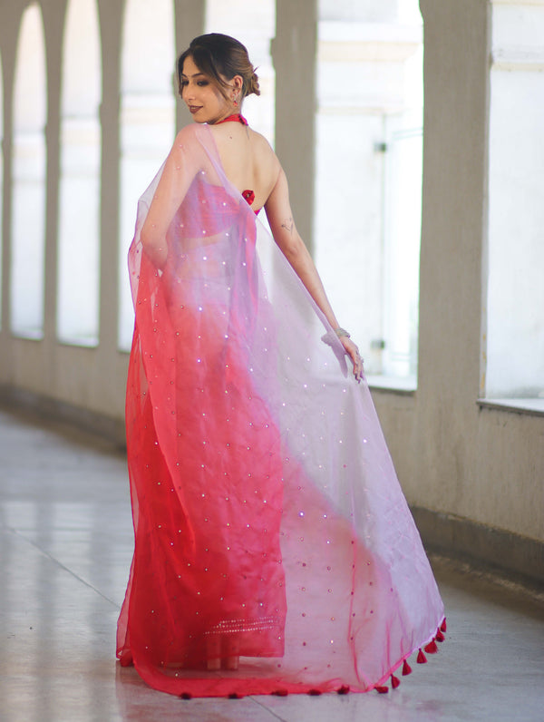 Banarasee Handwoven Organza Mix Saree With Mirror Work-Multicolor