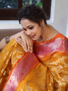 Banarasee Organza Mix Saree With Zari Jaal Design & Contrast Border-Yellow & Pink