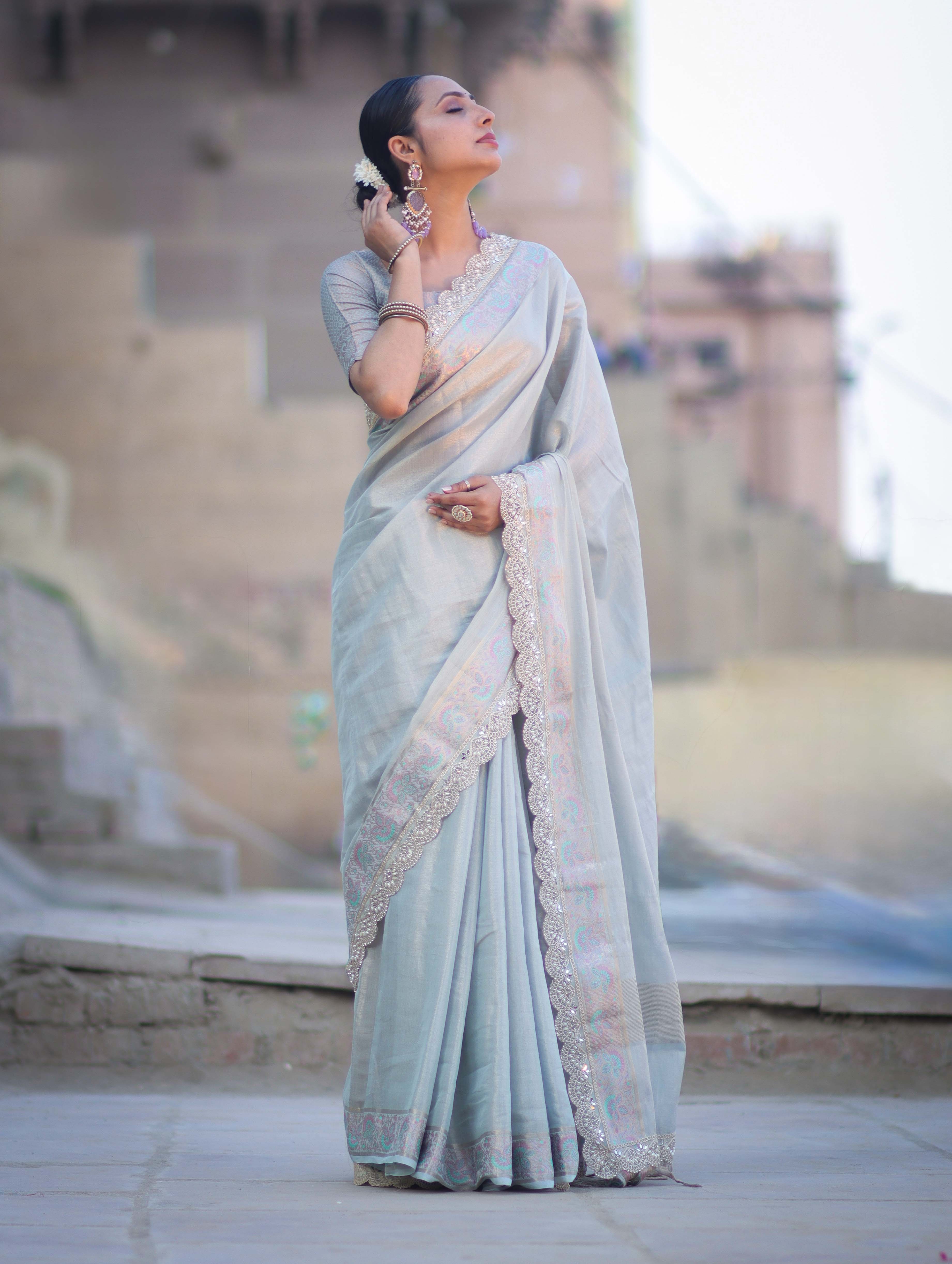 Banarasee Handloom Plain Soft Tissue Shine Saree With Resham Zari Border & Lace-Powder Blue