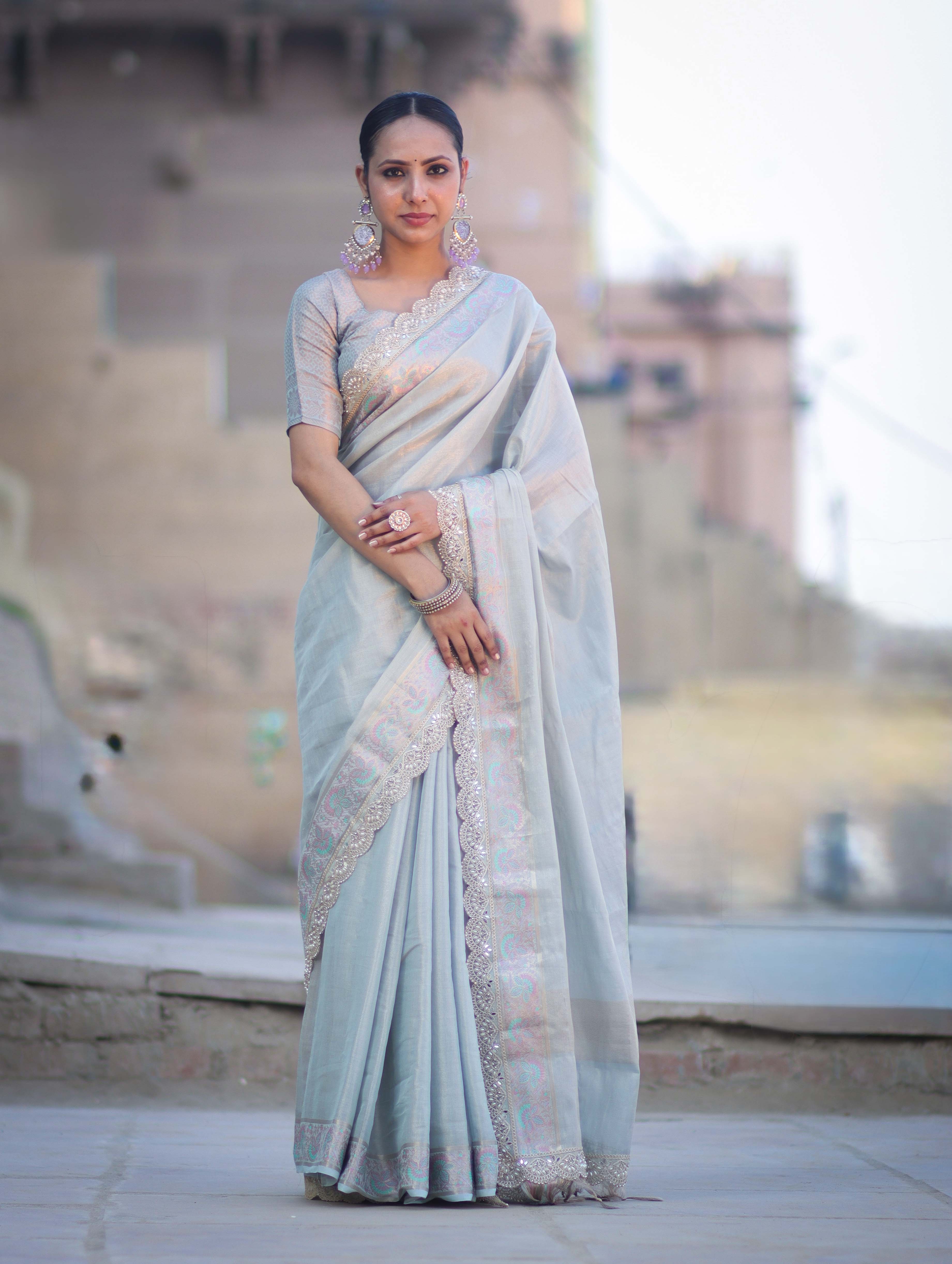 Banarasee Handloom Plain Soft Tissue Shine Saree With Resham Zari Border & Lace-Powder Blue