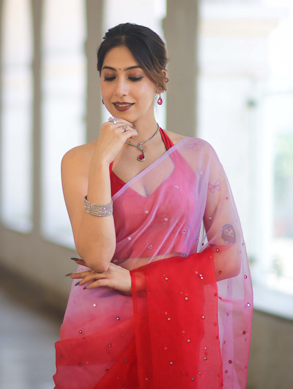 Banarasee Handwoven Organza Mix Saree With Mirror Work-Multicolor