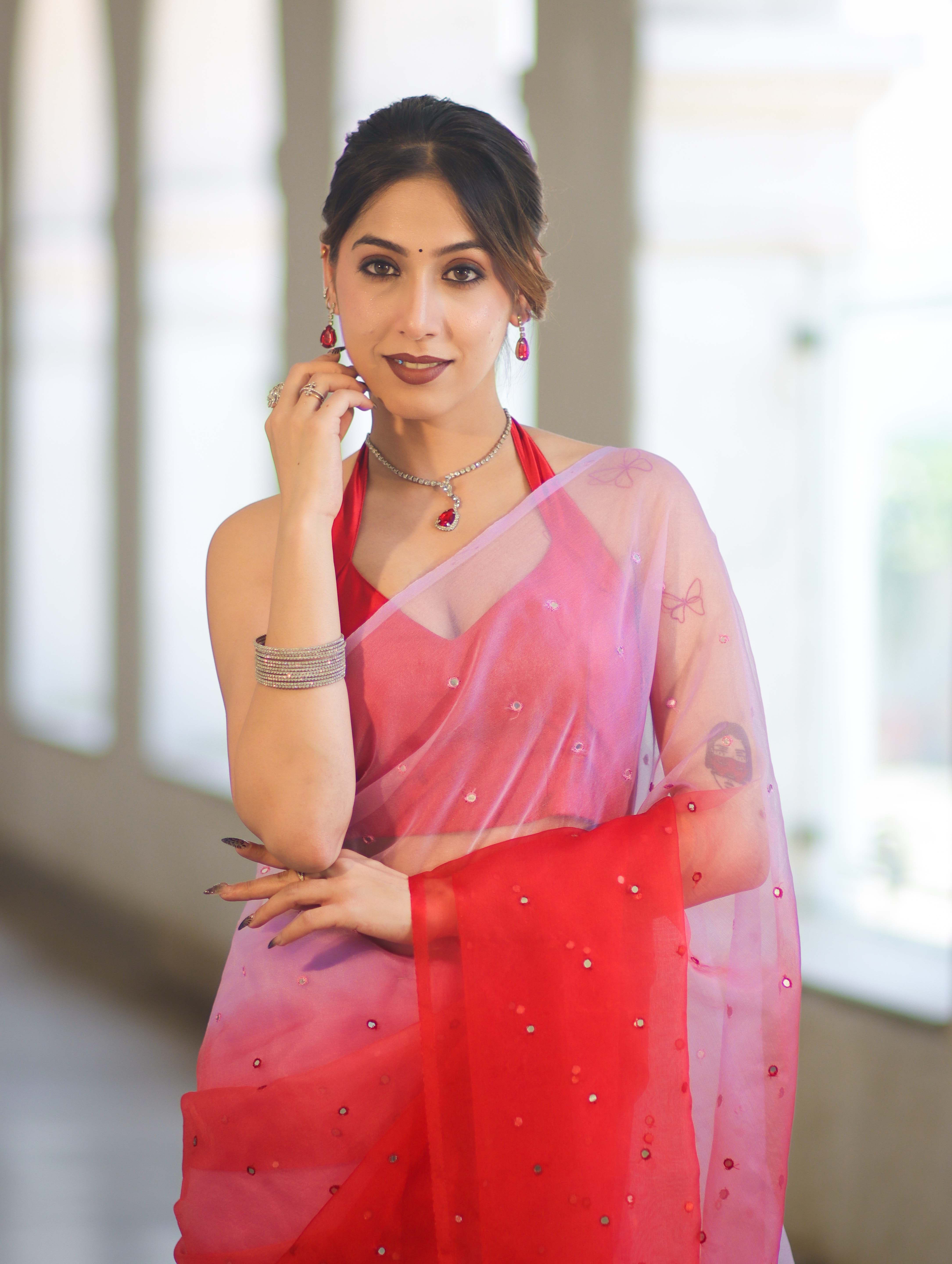 Banarasee Handwoven Organza Mix Saree With Mirror Work-Multicolor