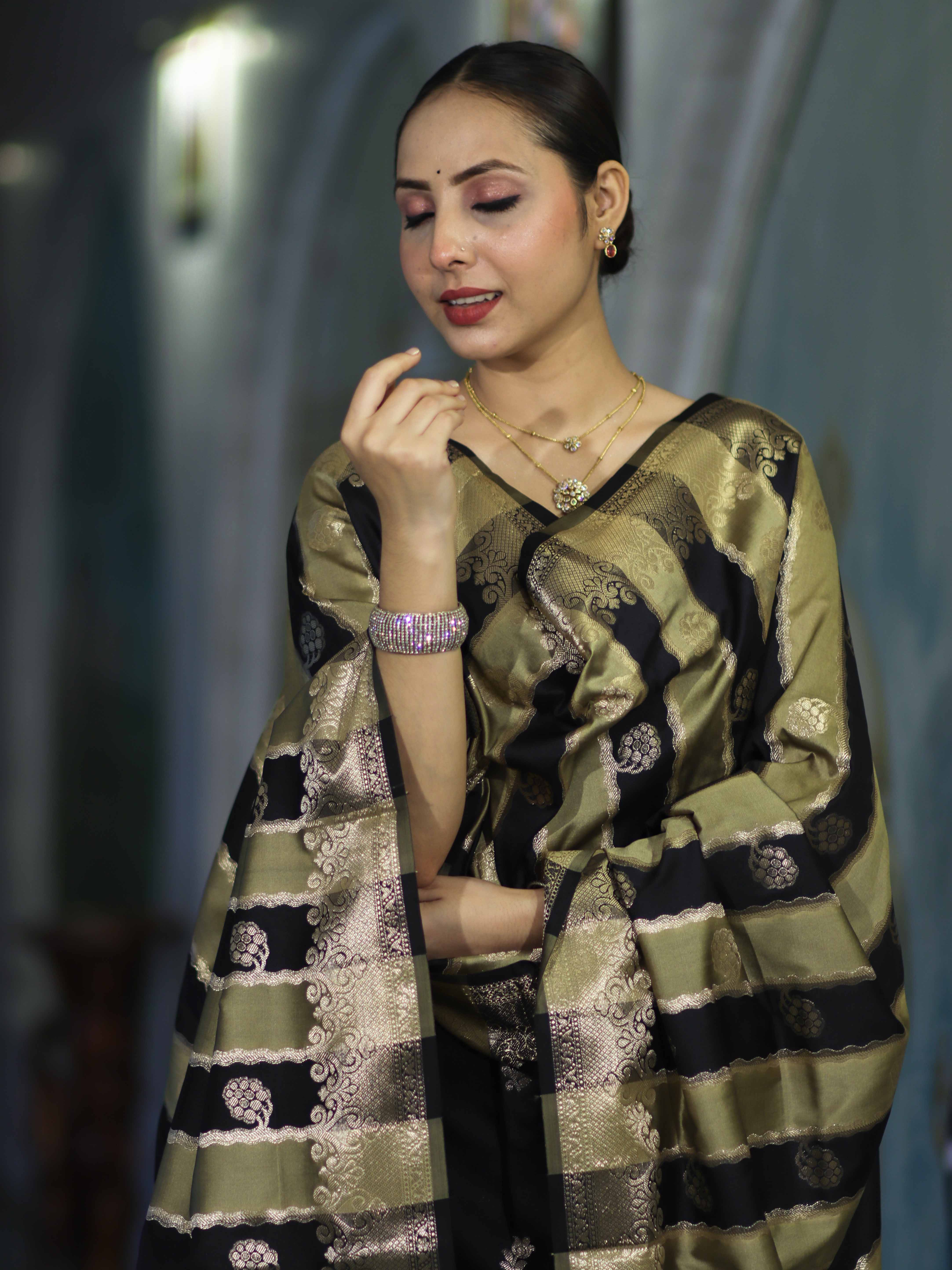 Banarasee Semi Katan Zari Work Salwar Kameez Fabric With Dupatta Set-Black