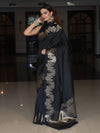 Banarasee Handwoven Semi Silk Saree With Zari Border-Black