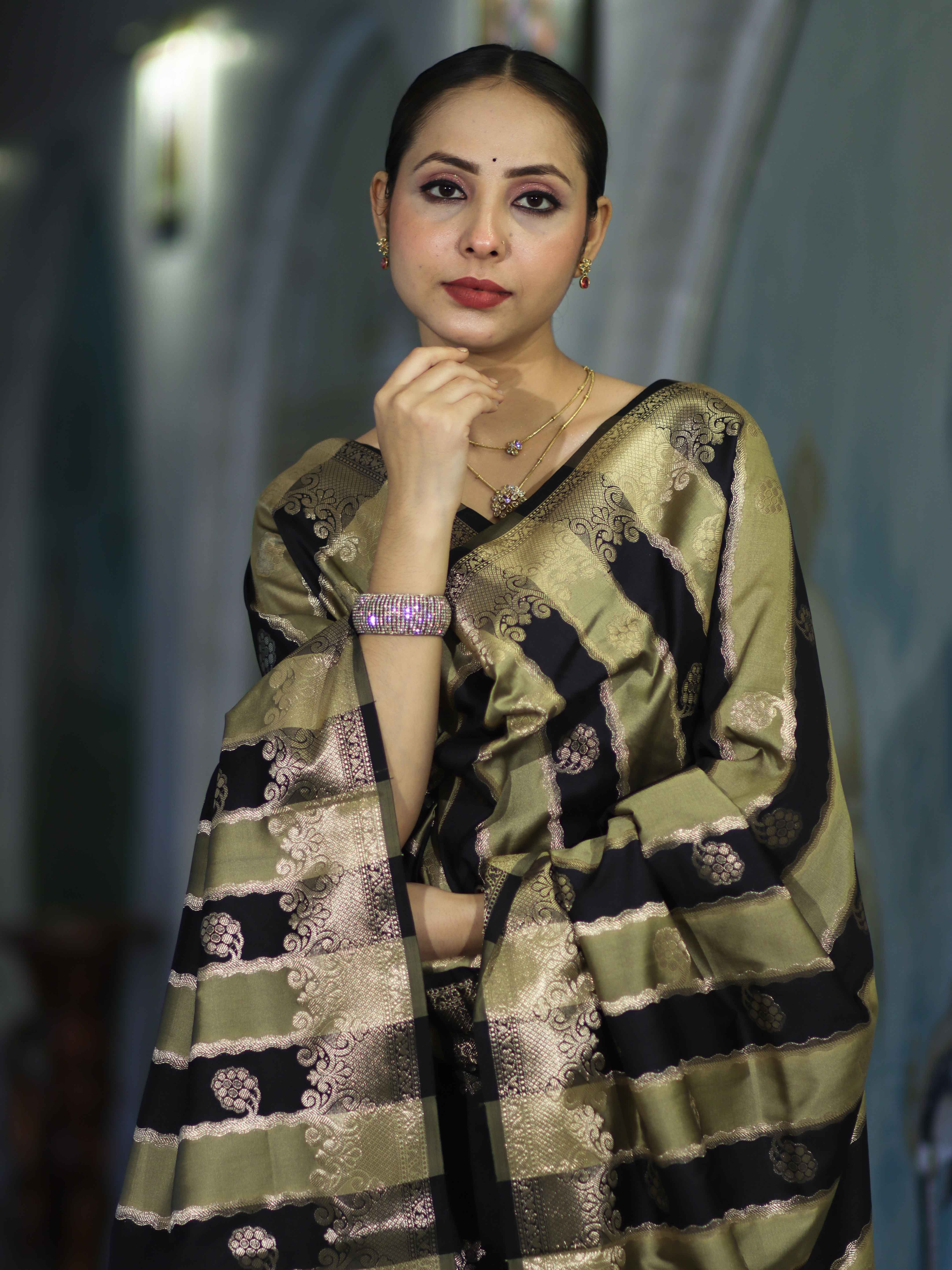 Banarasee Semi Katan Zari Work Salwar Kameez Fabric With Dupatta Set-Black