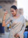 Banarasee Handloom Plain Soft Tissue Shine Saree With Resham Zari Border & Lace-Powder Blue