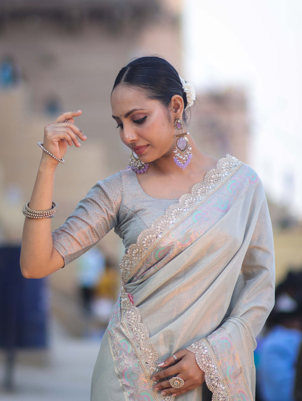 Banarasee Handloom Plain Soft Tissue Shine Saree With Resham Zari Border & Lace-Powder Blue
