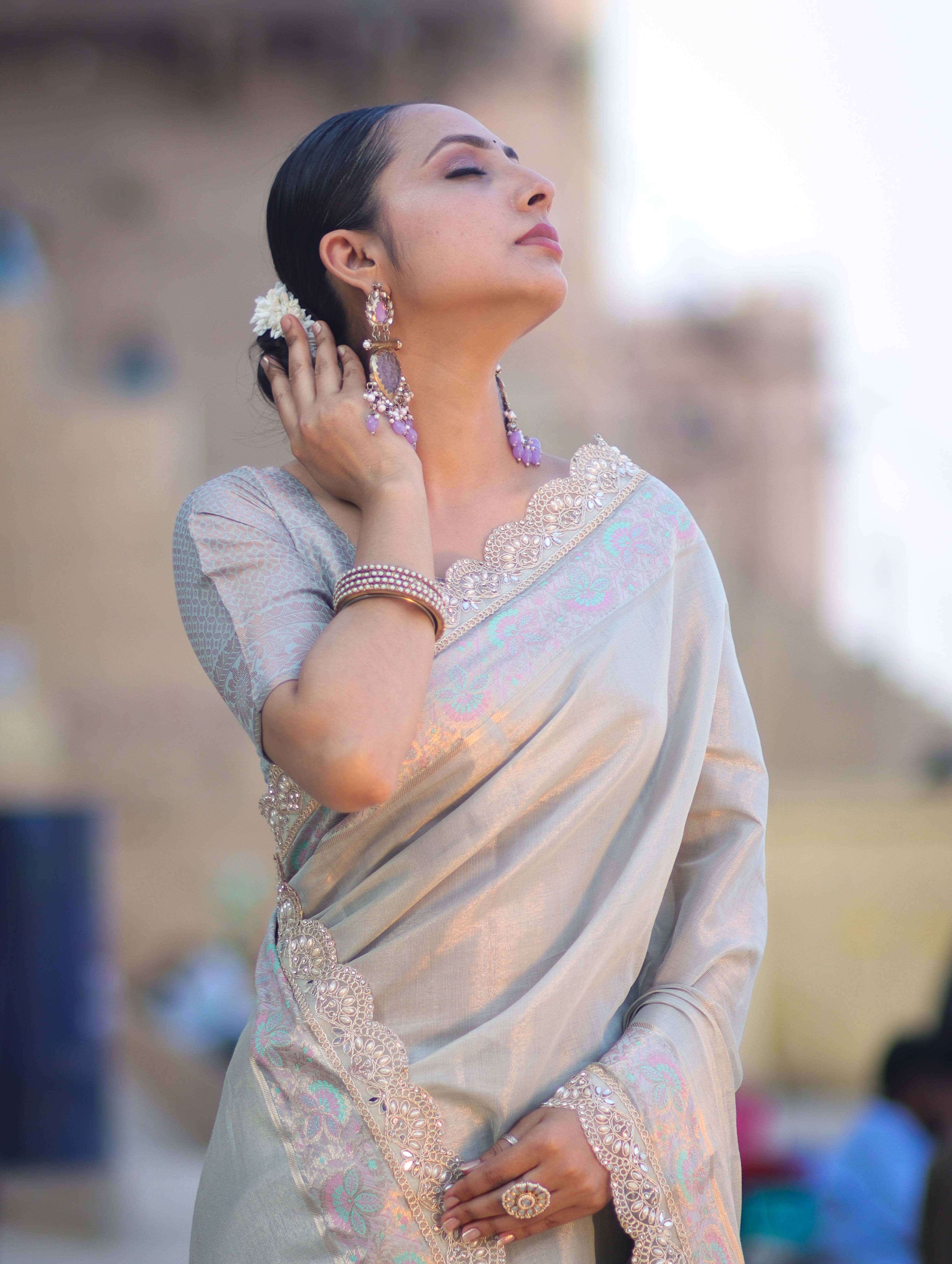 Banarasee Handloom Plain Soft Tissue Shine Saree With Resham Zari Border & Lace-Powder Blue