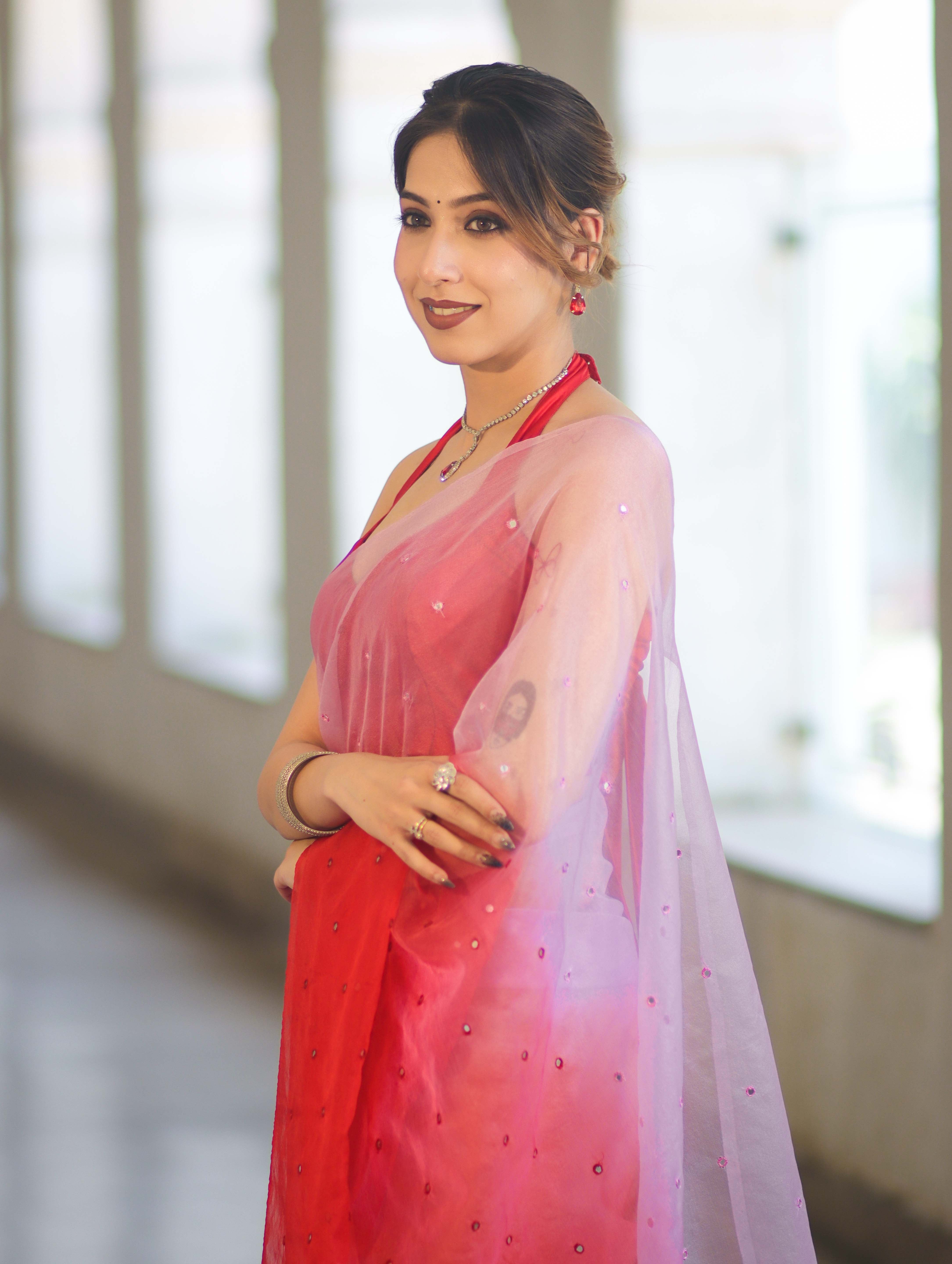 Banarasee Handwoven Organza Mix Saree With Mirror Work-Multicolor
