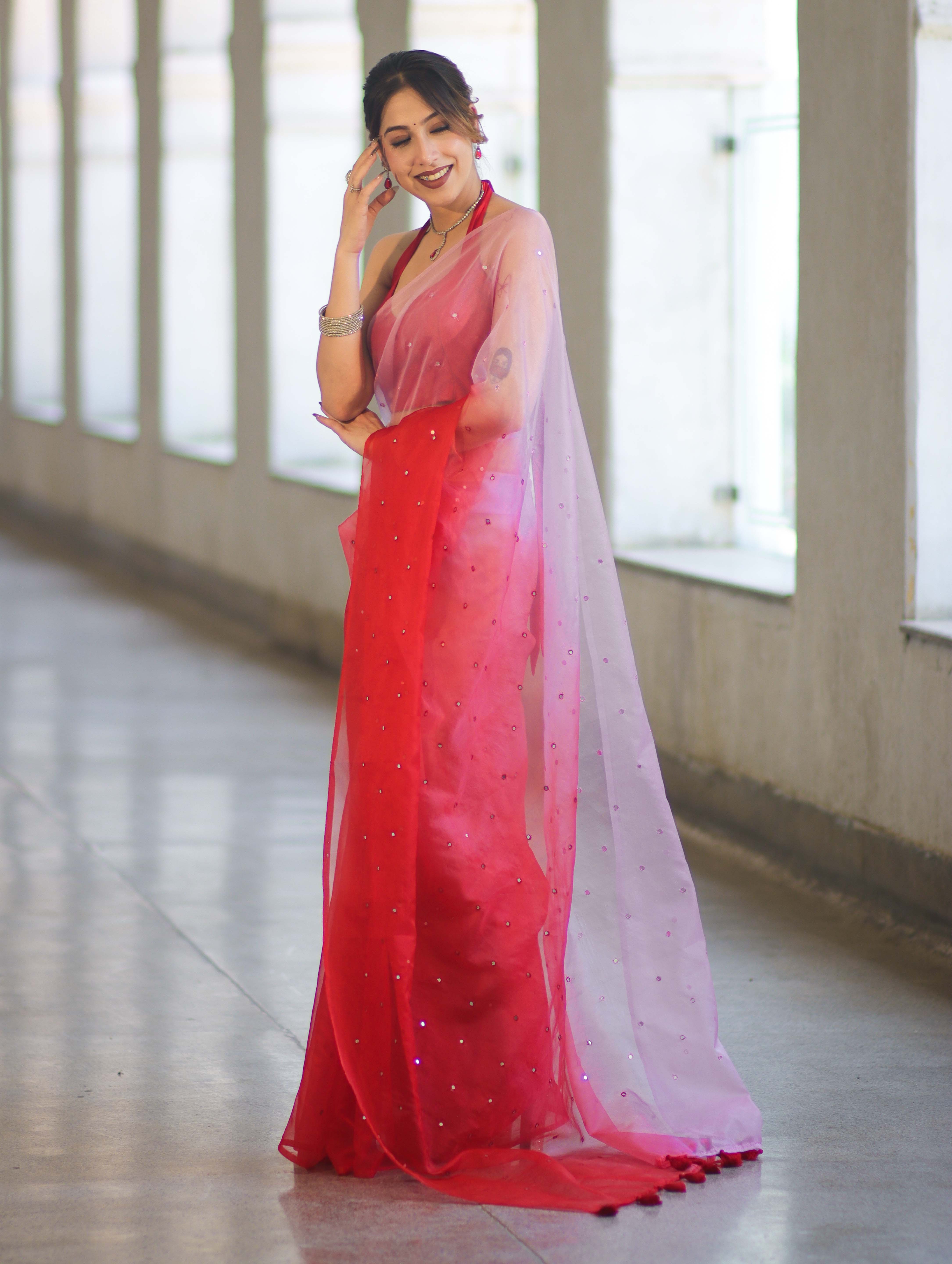 Banarasee Handwoven Organza Mix Saree With Mirror Work-Multicolor