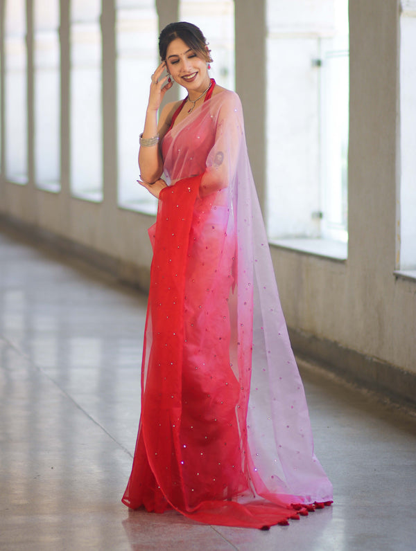 Banarasee Handwoven Organza Mix Saree With Mirror Work-Multicolor