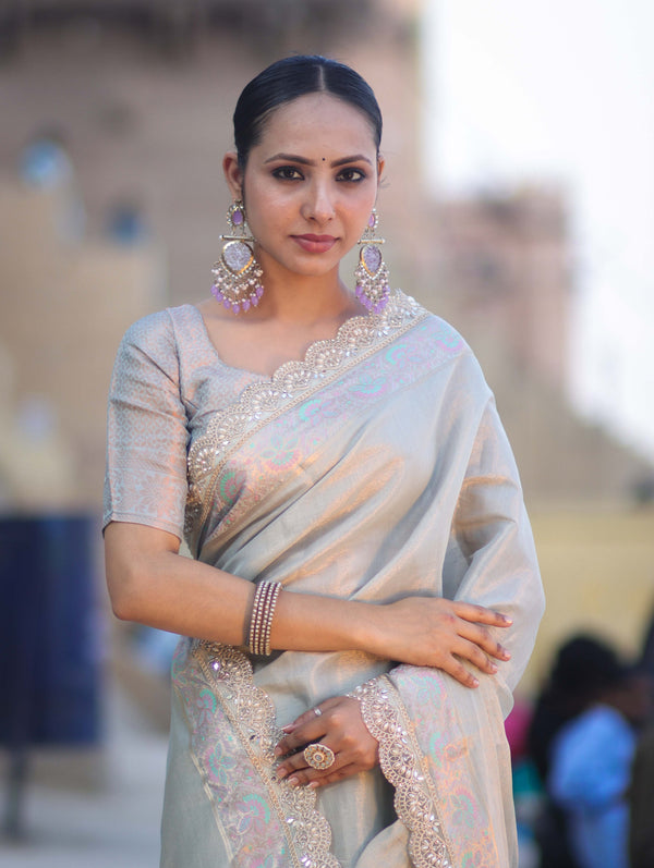 Banarasee Handloom Plain Soft Tissue Shine Saree With Resham Zari Border & Lace-Powder Blue