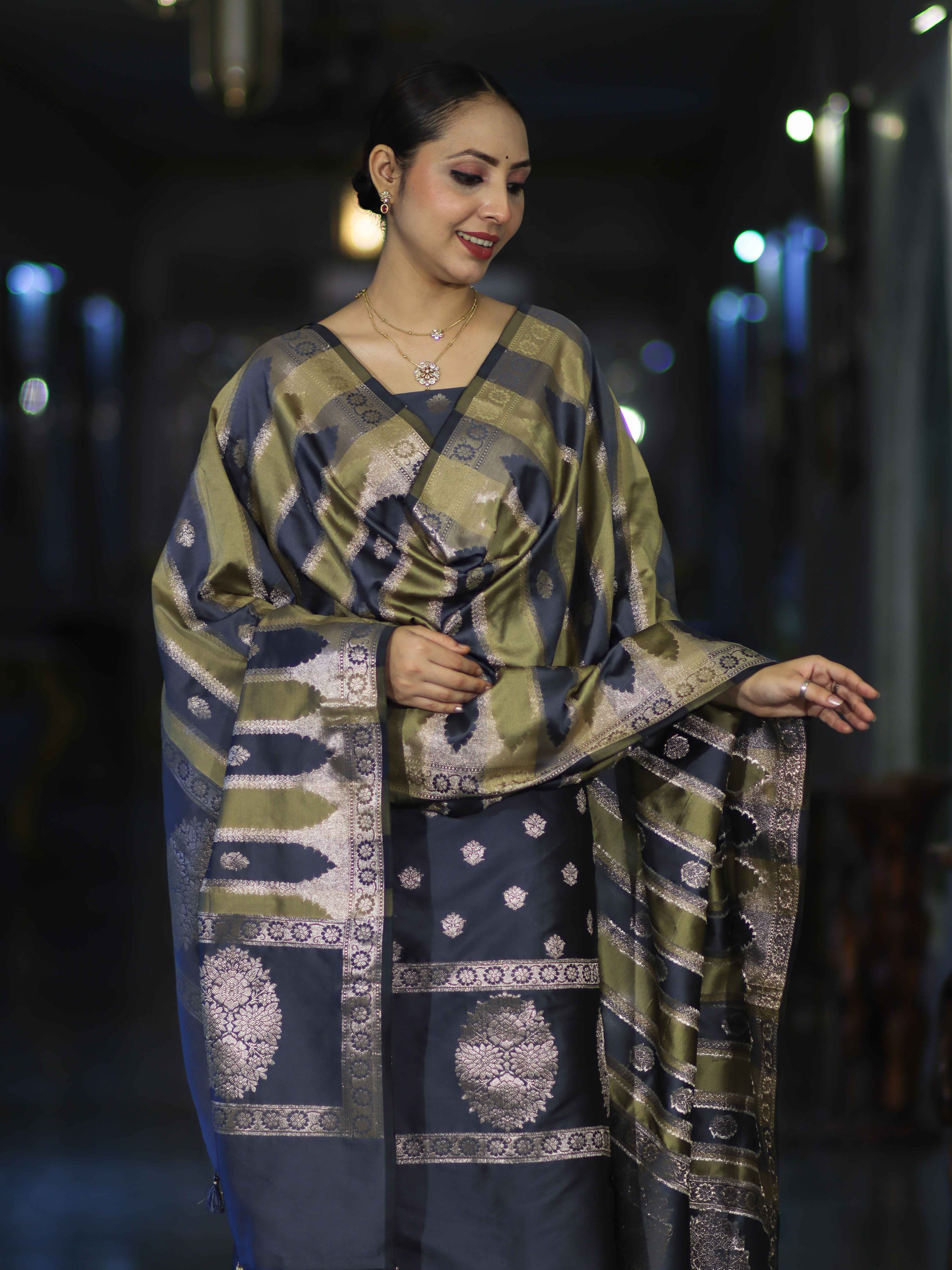 Banarasee Semi Katan Zari Work Salwar Kameez Fabric With Dupatta Set-Slate Blue