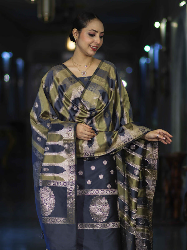 Banarasee Semi Katan Zari Work Salwar Kameez Fabric With Dupatta Set-Slate Blue