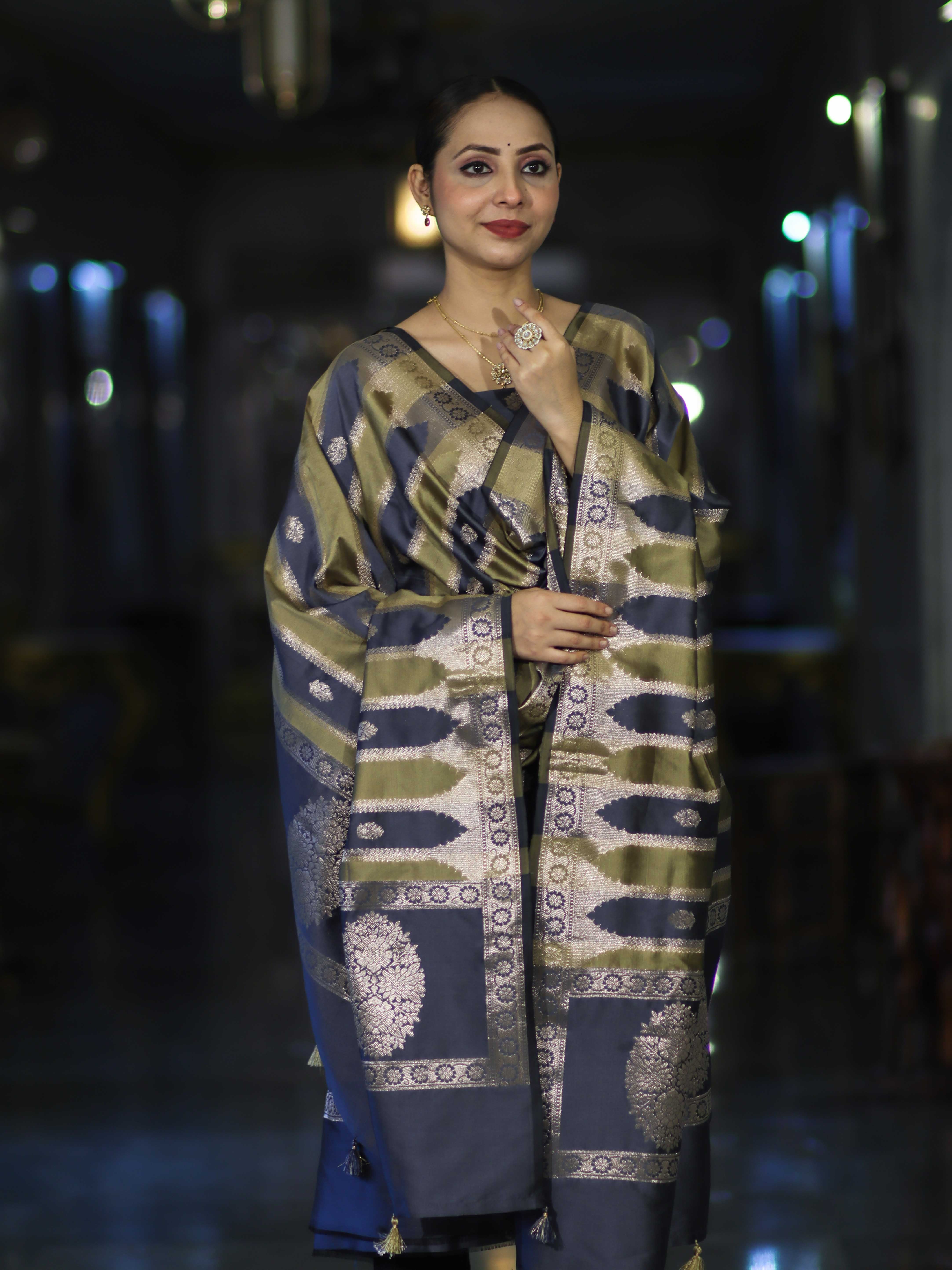 Banarasee Semi Katan Zari Work Salwar Kameez Fabric With Dupatta Set-Slate Blue