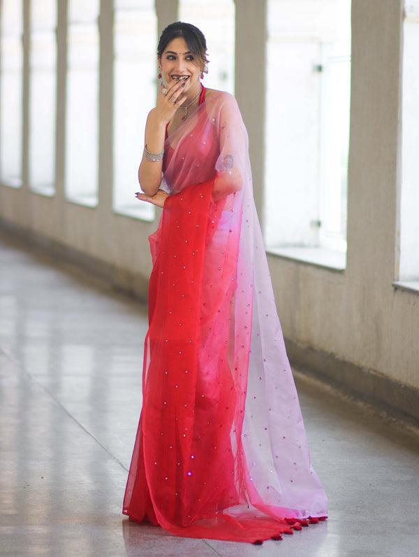 Banarasee Handwoven Organza Mix Saree With Mirror Work-Multicolor