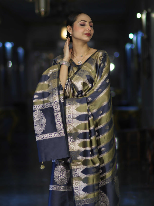 Banarasee Semi Katan Zari Work Salwar Kameez Fabric With Dupatta Set-Slate Blue