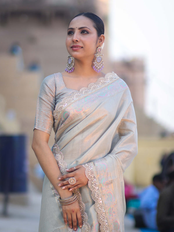 Banarasee Handloom Plain Soft Tissue Shine Saree With Resham Zari Border & Lace-Powder Blue