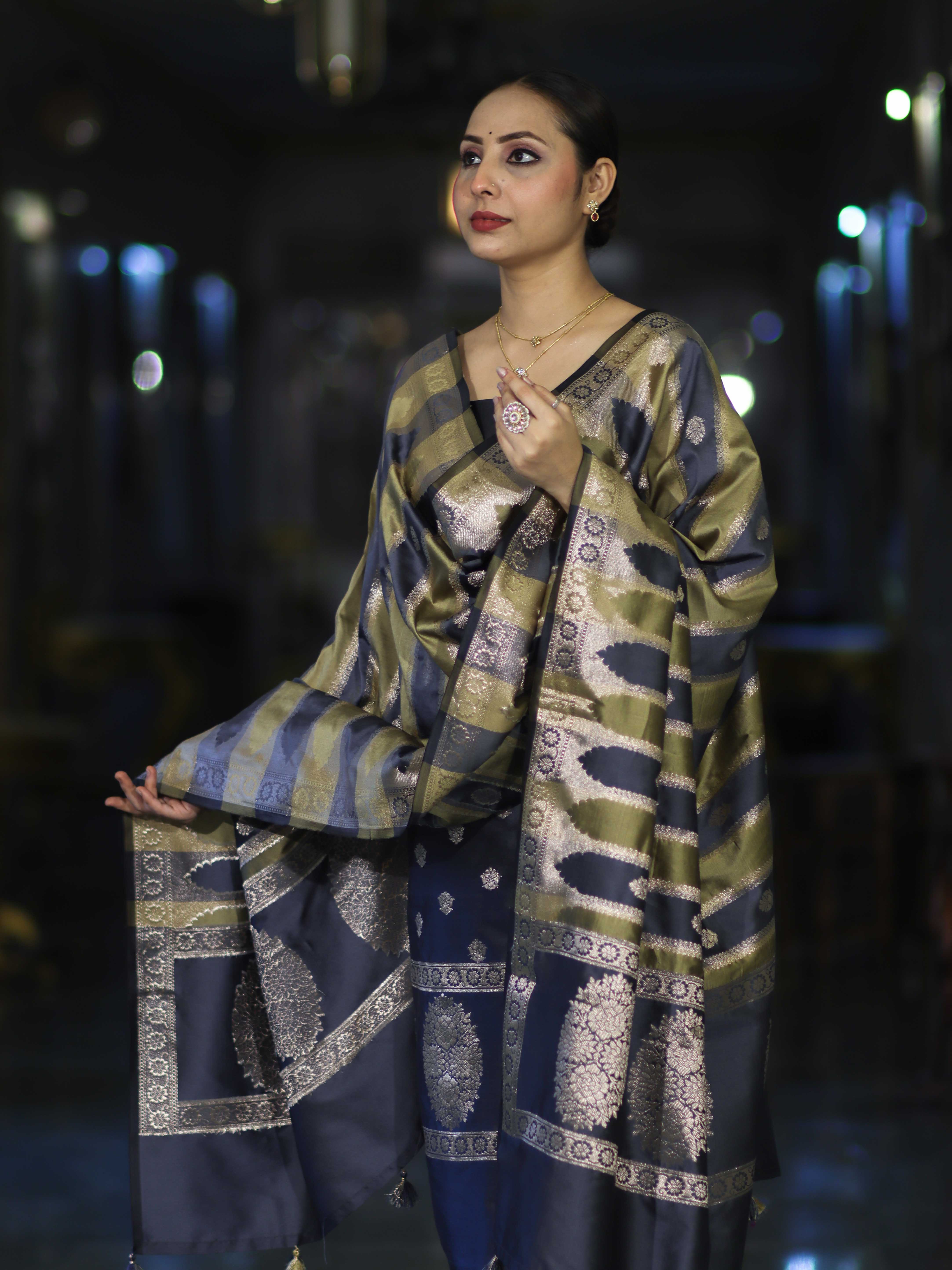 Banarasee Semi Katan Zari Work Salwar Kameez Fabric With Dupatta Set-Slate Blue