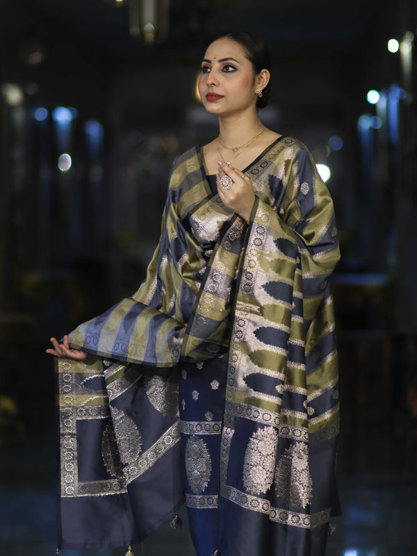 Banarasee Semi Katan Zari Work Salwar Kameez Fabric With Dupatta Set-Slate Blue