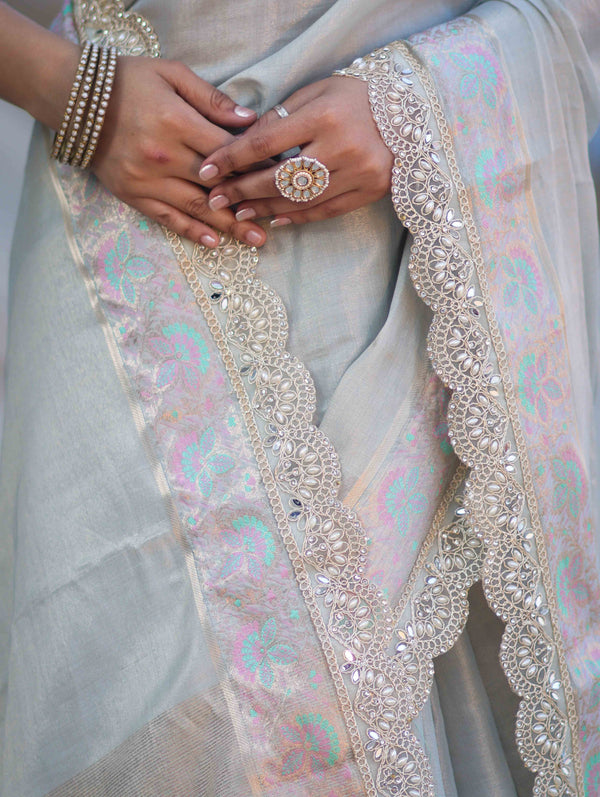 Banarasee Handloom Plain Soft Tissue Shine Saree With Resham Zari Border & Lace-Powder Blue