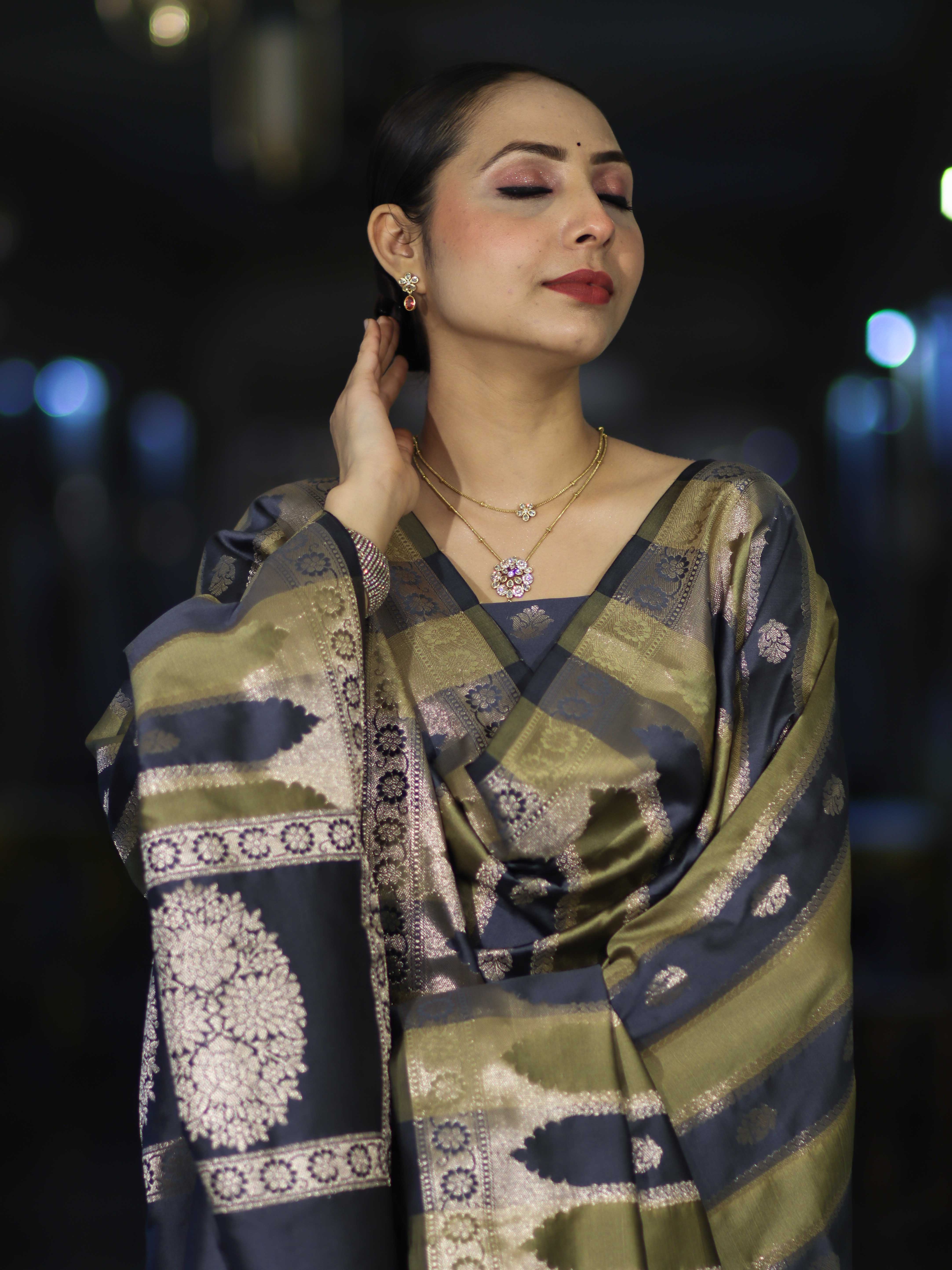 Banarasee Semi Katan Zari Work Salwar Kameez Fabric With Dupatta Set-Slate Blue