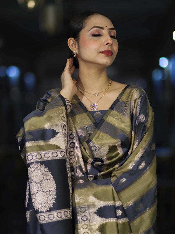 Banarasee Semi Katan Zari Work Salwar Kameez Fabric With Dupatta Set-Slate Blue