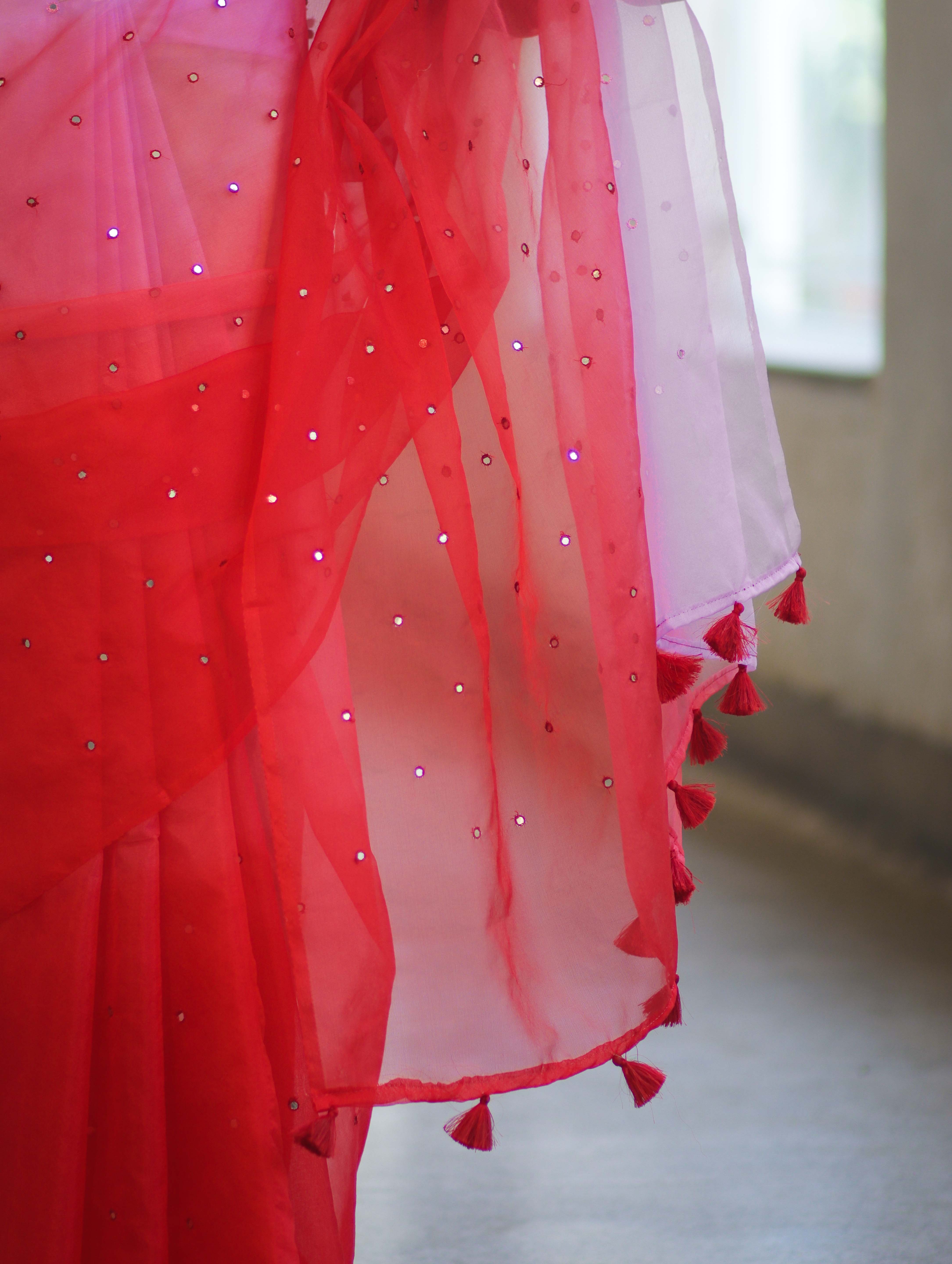 Banarasee Handwoven Organza Mix Saree With Mirror Work-Multicolor
