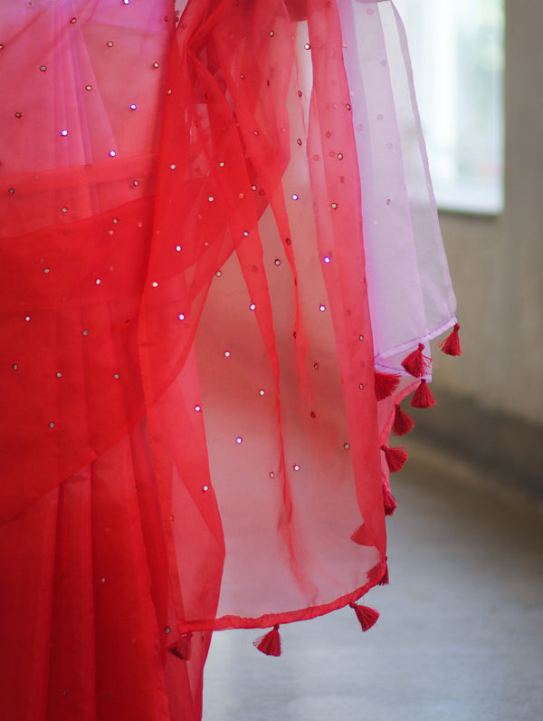 Banarasee Handwoven Organza Mix Saree With Mirror Work-Multicolor