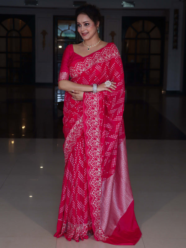 Banarasee Semi Chiffon Saree With Buti Design & Hand Embroidery Border-Pink