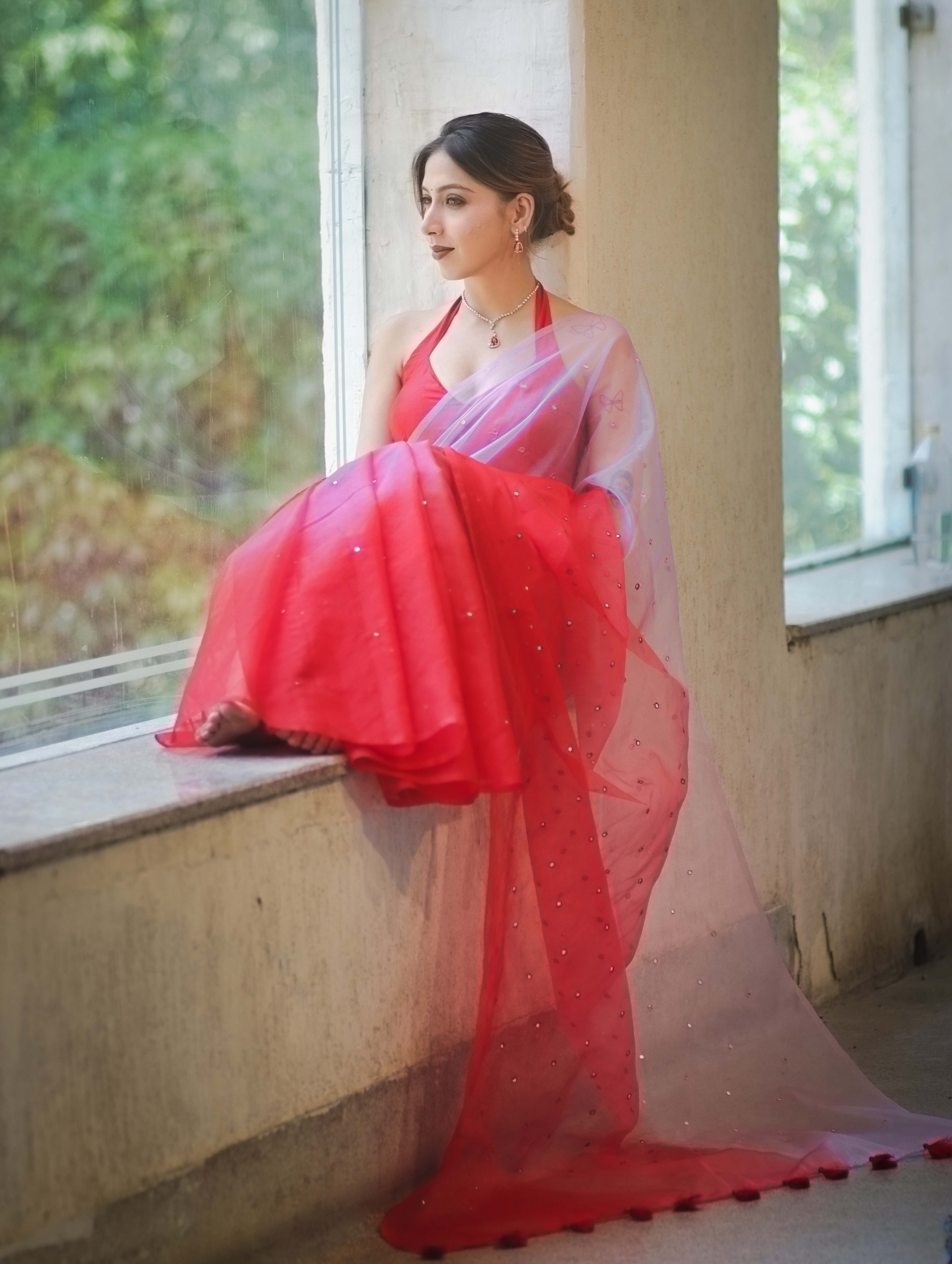 Banarasee Handwoven Organza Mix Saree With Mirror Work-Multicolor