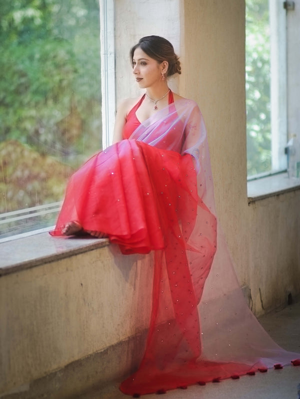 Banarasee Handwoven Organza Mix Saree With Mirror Work-Multicolor