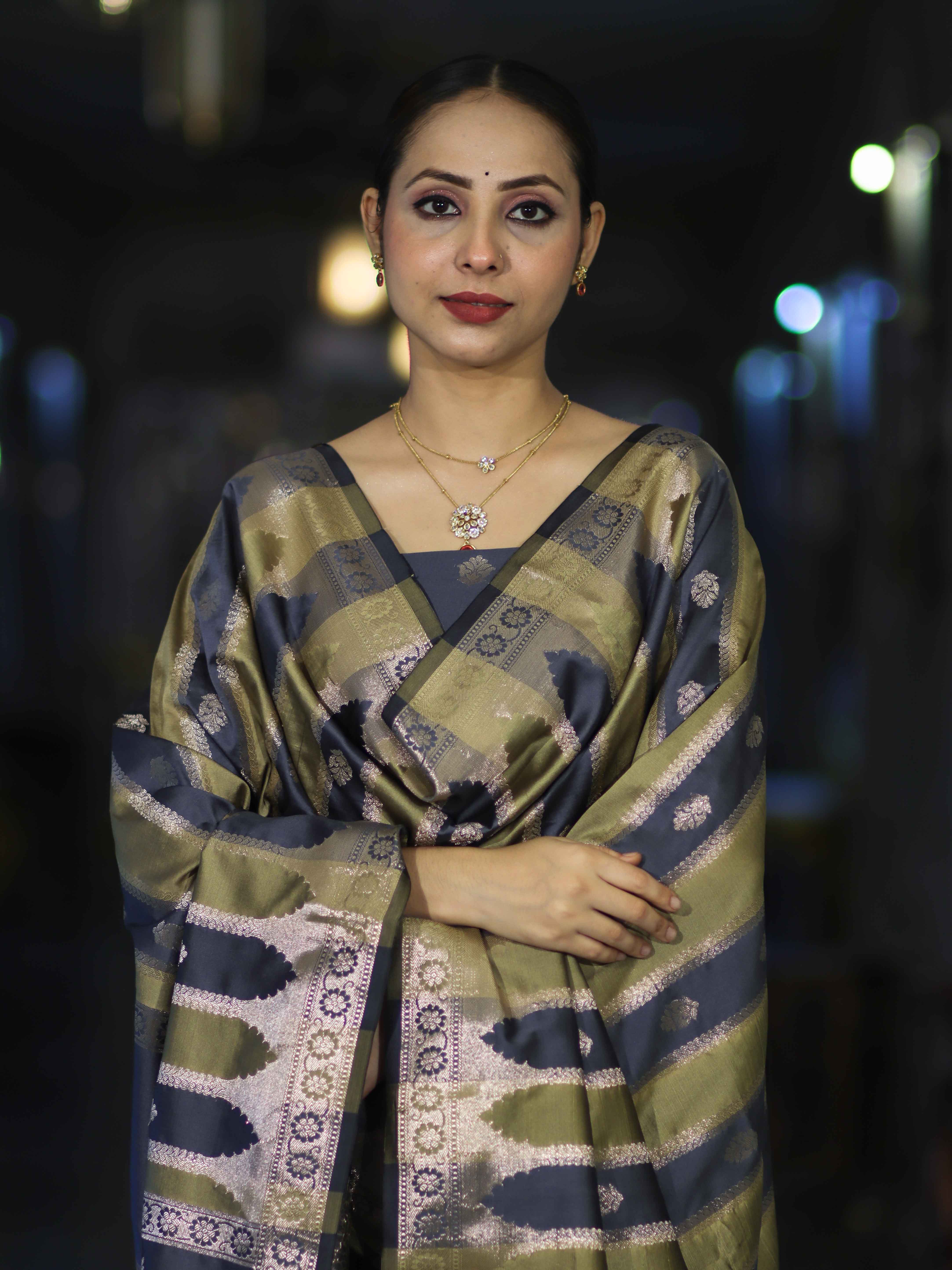Banarasee Semi Katan Zari Work Salwar Kameez Fabric With Dupatta Set-Slate Blue