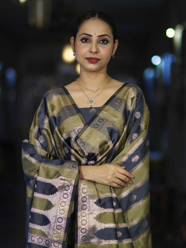 Banarasee Semi Katan Zari Work Salwar Kameez Fabric With Dupatta Set-Slate Blue