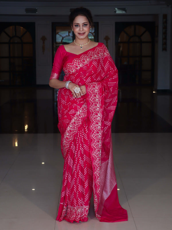 Banarasee Semi Chiffon Saree With Buti Design & Hand Embroidery Border-Pink