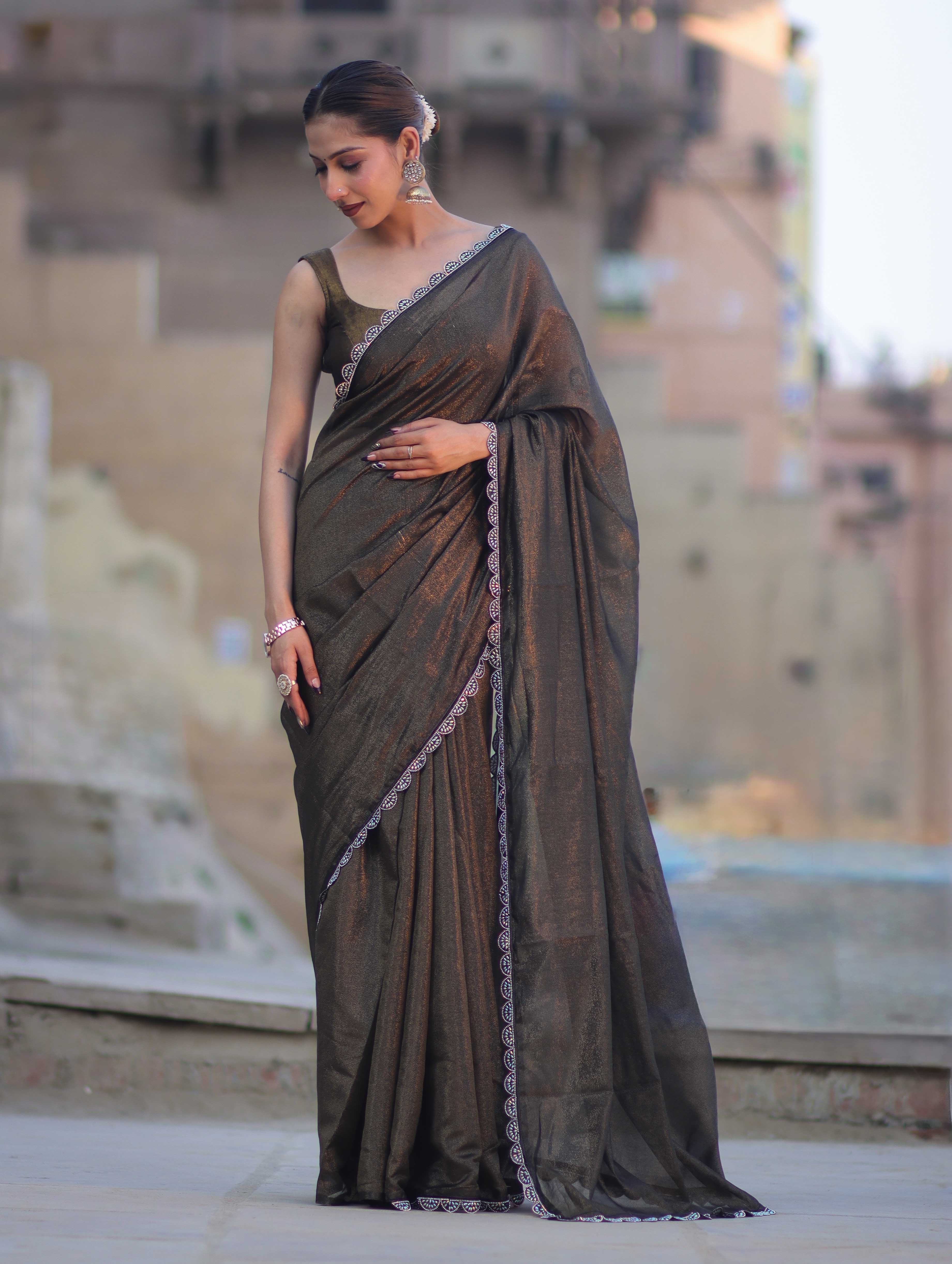Banarasee Handwoven Shimmer Silk Saree With Lace-Black (Gold Tone)