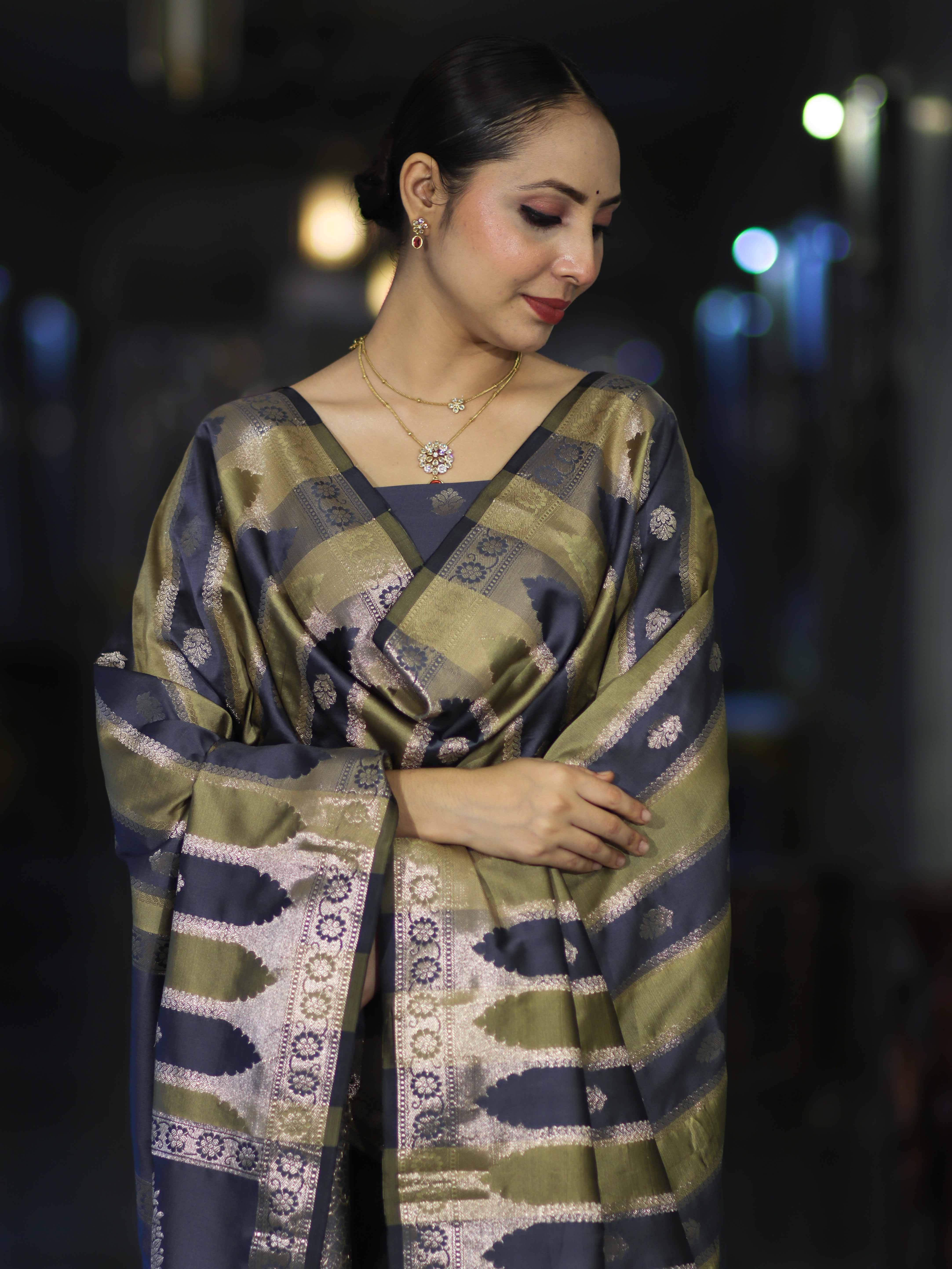 Banarasee Semi Katan Zari Work Salwar Kameez Fabric With Dupatta Set-Slate Blue