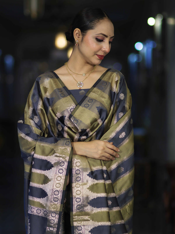 Banarasee Semi Katan Zari Work Salwar Kameez Fabric With Dupatta Set-Slate Blue