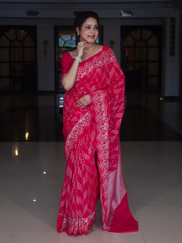 Banarasee Semi Chiffon Saree With Buti Design & Hand Embroidery Border-Pink