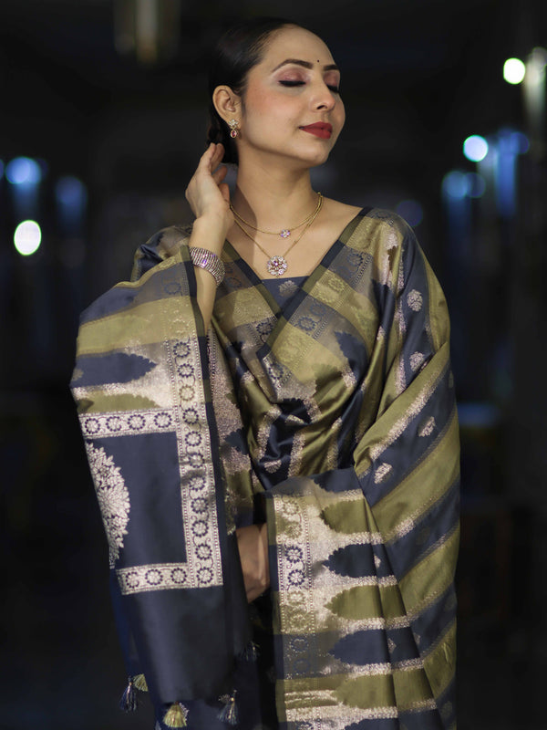 Banarasee Semi Katan Zari Work Salwar Kameez Fabric With Dupatta Set-Slate Blue