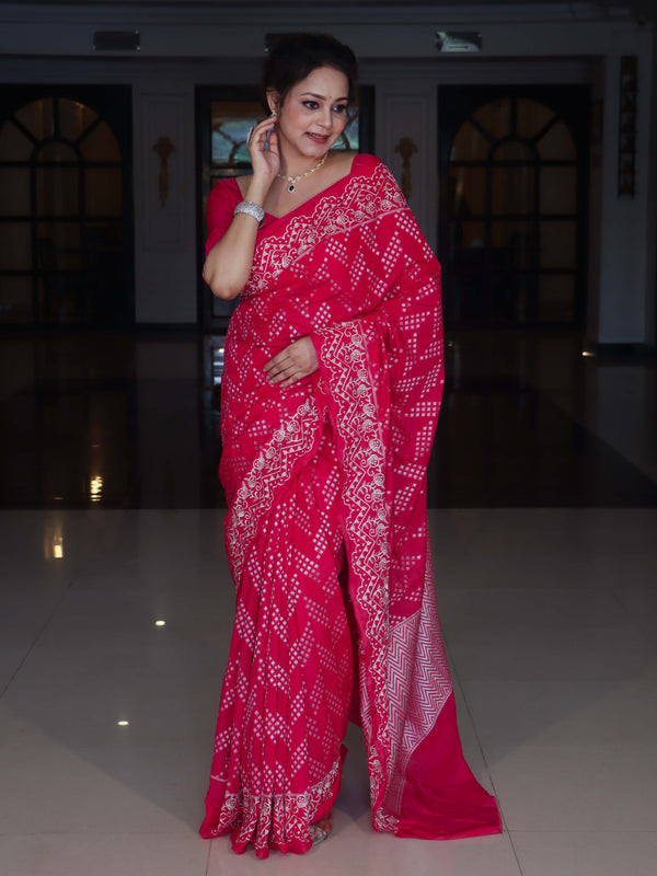 Banarasee Semi Chiffon Saree With Buti Design & Hand Embroidery Border-Pink