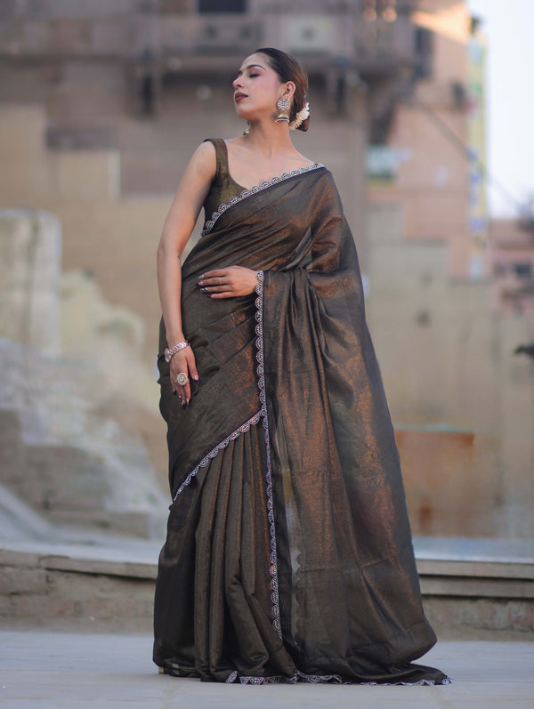 Banarasee Handwoven Shimmer Silk Saree With Lace-Black (Gold Tone)