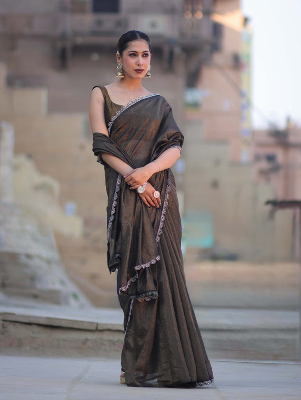 Banarasee Handwoven Shimmer Silk Saree With Lace-Black (Gold Tone)