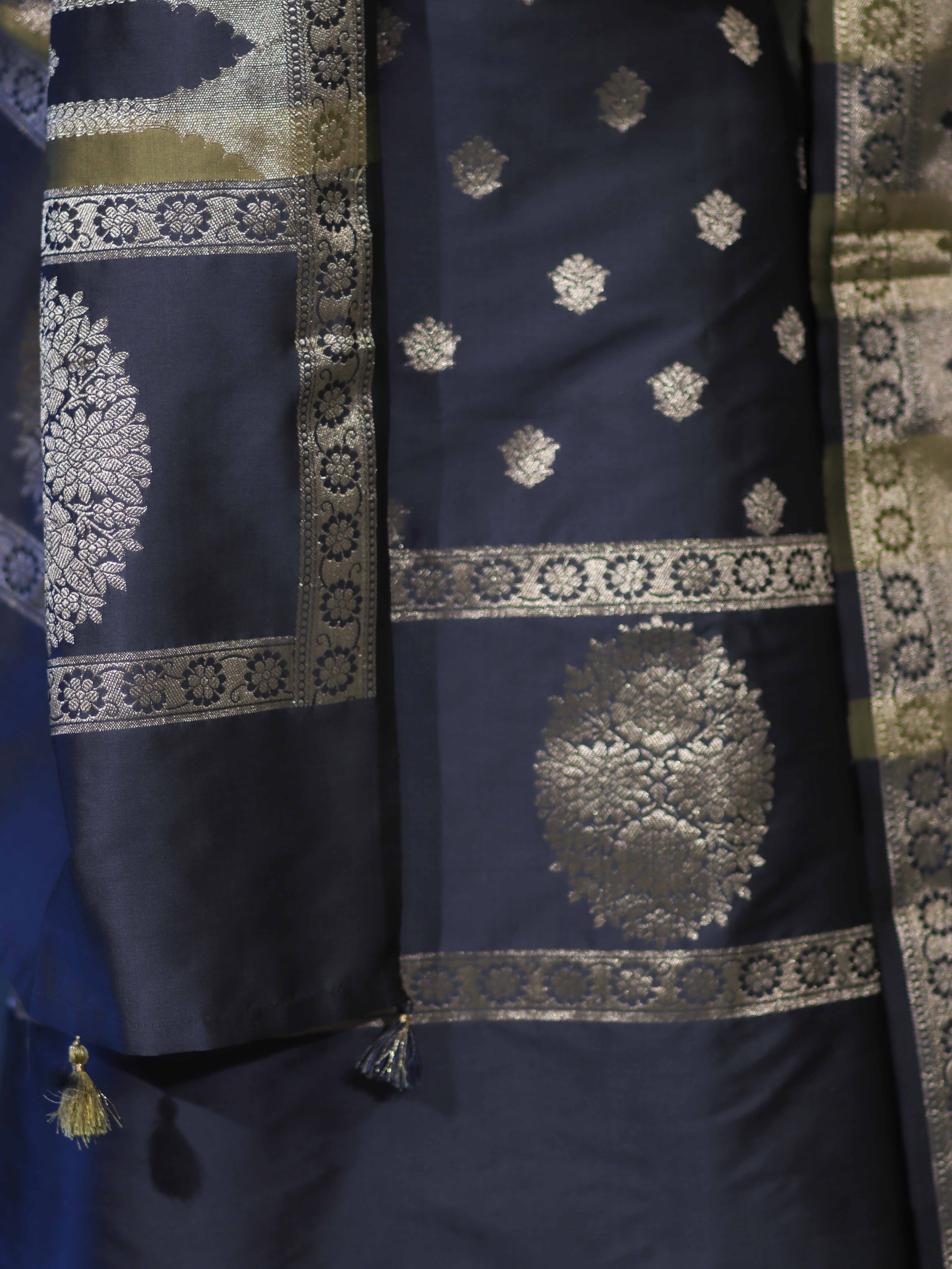 Banarasee Semi Katan Zari Work Salwar Kameez Fabric With Dupatta Set-Slate Blue