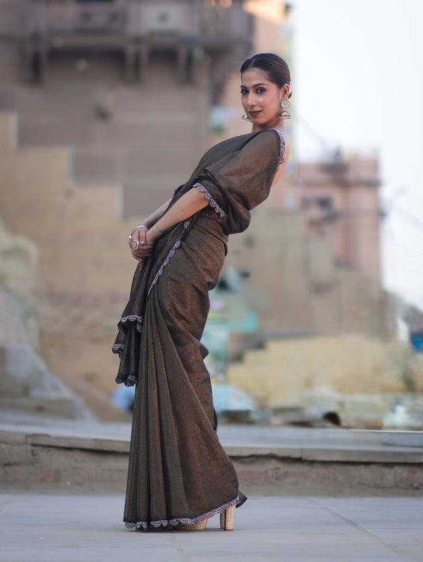 Banarasee Handwoven Shimmer Silk Saree With Lace-Black (Gold Tone)