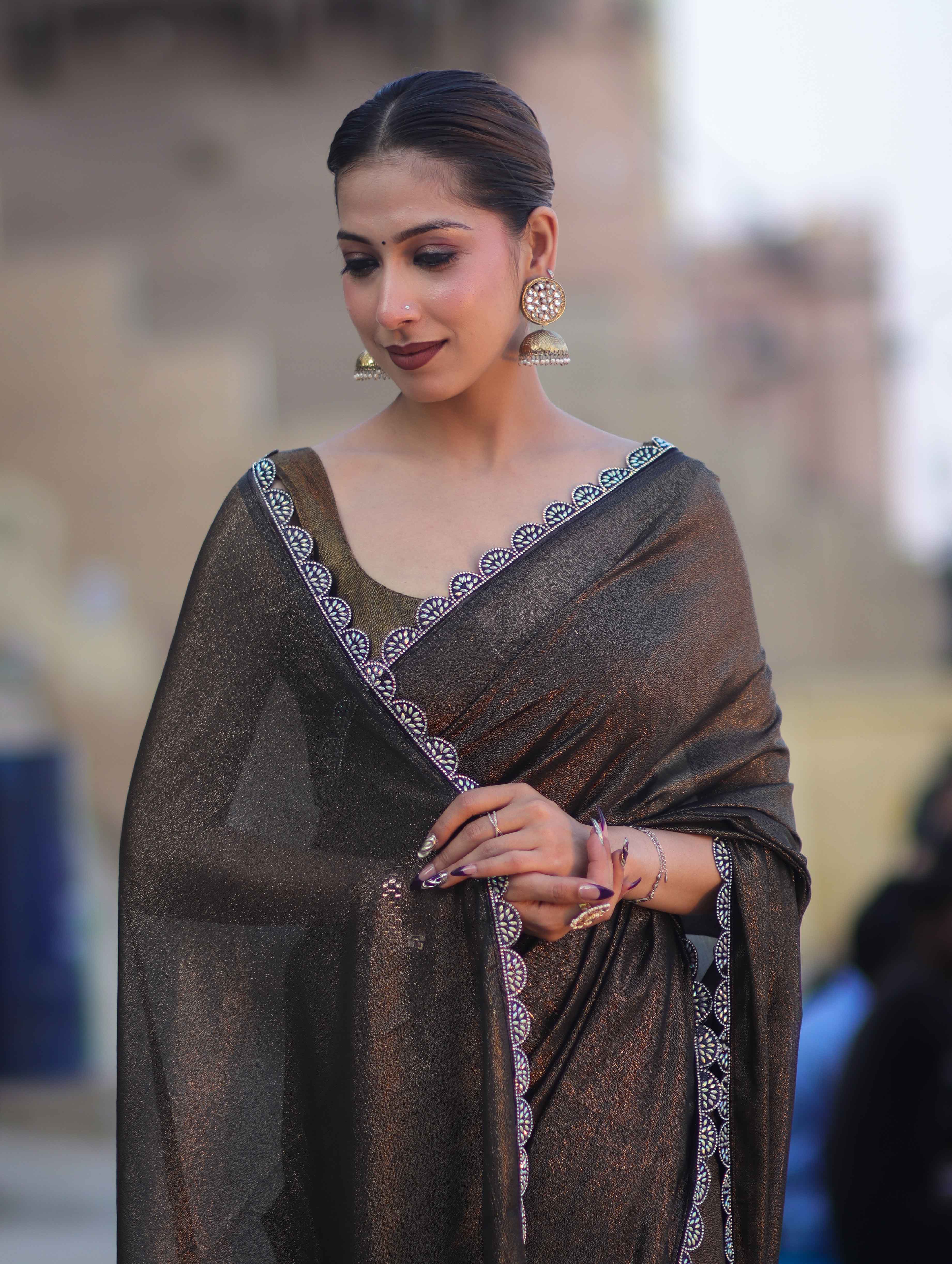 Banarasee Handwoven Shimmer Silk Saree With Lace-Black (Gold Tone)